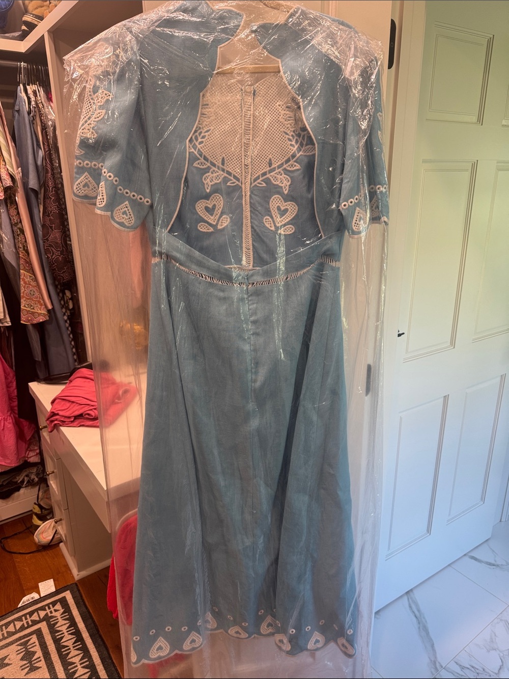 Blue Embroidered Midi Dress with White Lace Detail - Picture 3 of 4